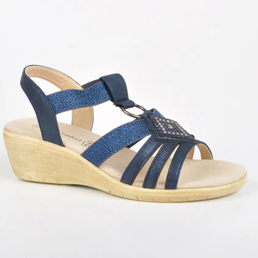 Chaussures Confort|LADY CONFORT Sandales Compensees Avec Strass Bleu Marine
